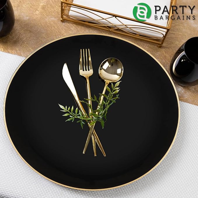 PARTY BARGAINS 13-Inch Charger Plates - 4 Pack, Organic Collection Black Gold Rim, Heavy-Duty Disposable Chargers for Elegant Dining - Ideal for Weddings and Formal Events