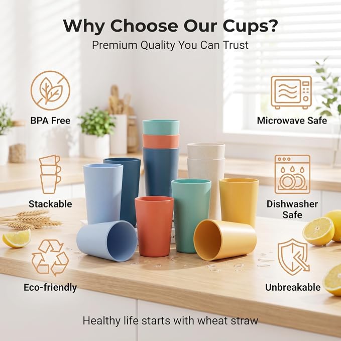 DeeCoo® 12 Pack Premium Wheat Straw Cups, Alternative to Plastic Cups Sets - Image 2