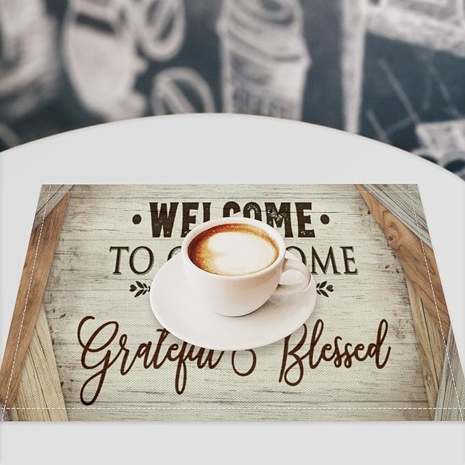 Vintage Farmhouse Placemat Set, Beige White Rustic Wooden Plank Patchwork Welcome Home Letter Inspirational Quotes Pattern Home Decor Linen Table Mats for Dining Room Kitchen Party (17x12in) x2P