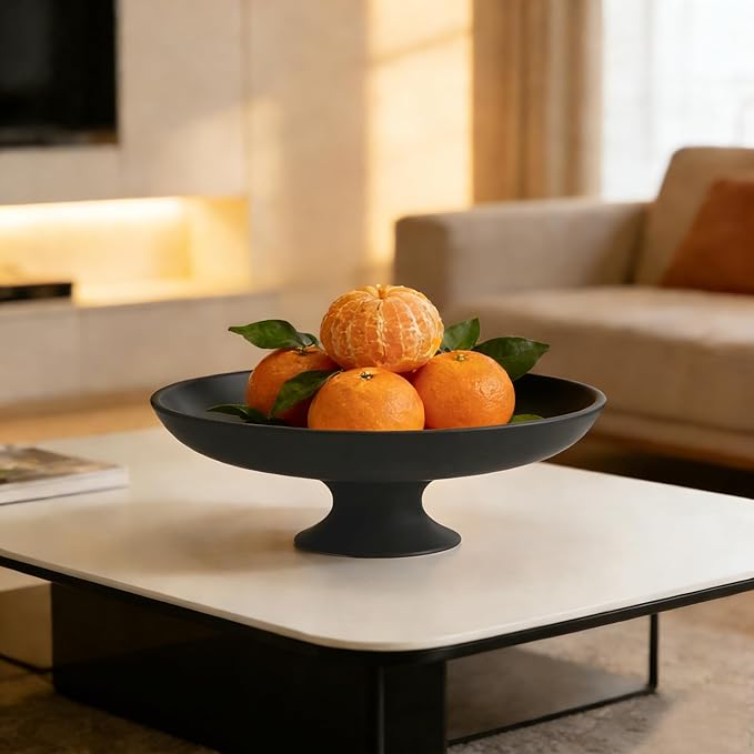 Large Black Decorative Bowl, Decorative Fruit Bowl for Kitchen Counter, Modern Pedestal Bowl for Home Decor, Stylish Key Bowls for Entry Table, Coffee Table Decorations