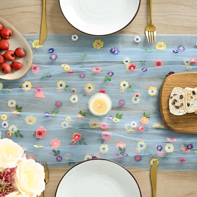 Artoid Mode Sky Blue Floral Gauze Embroidery Table Runner 120 Inch 10FT | Tulle - Image 2