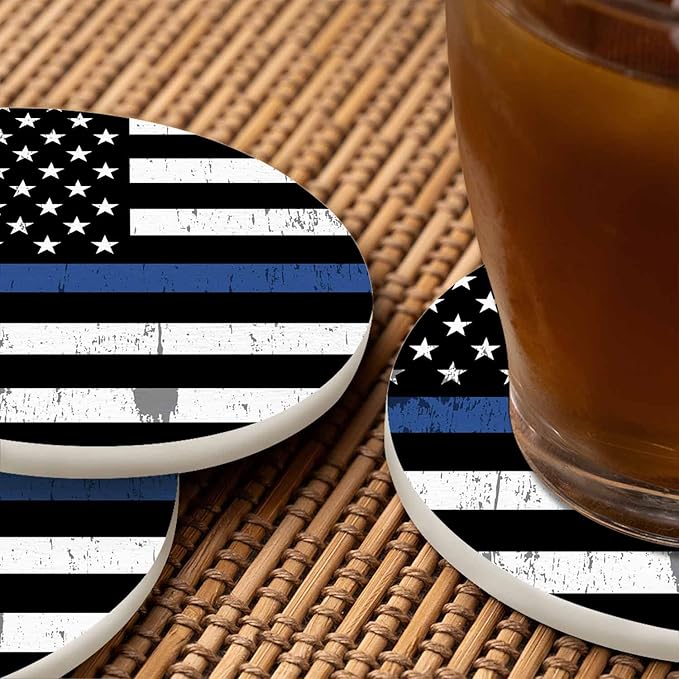 American Flag Table Coasters for Drinks Symbol of Support for Law Enforcement 100% Diatomite Home and Dining Room Bar Decor 4 X 4 X 0.35 Inch for Men Women