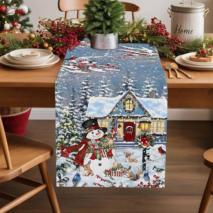 Merry Christmas Table Runner 90 Inches Long, Xmas Trees Snowman Snowflake Table - Image 2