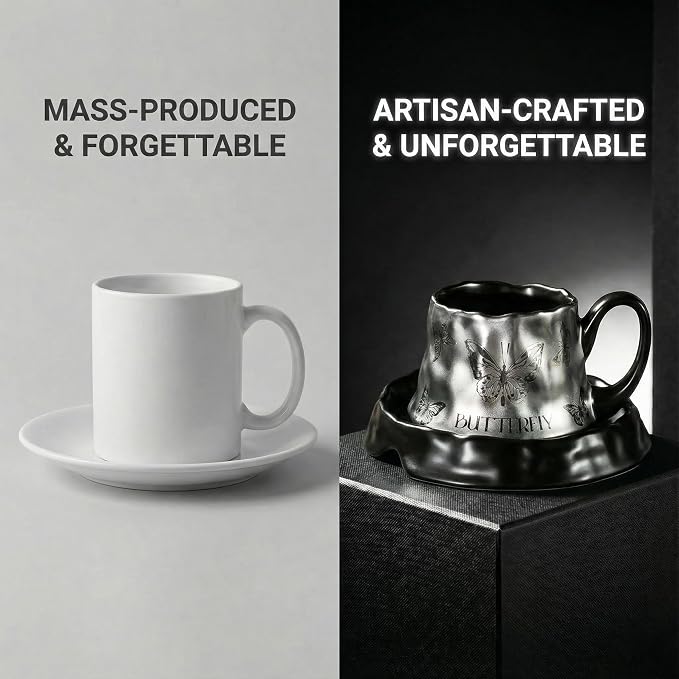 Volcanic Ash Titanium Finish Coffee Mug and Saucer Set | Modern Sculptural - Image 4
