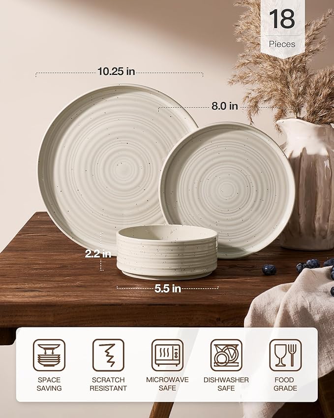 Plates and Bowls Sets for 6 (18-Piece) Stoneware Reactive Glaze Dinnerware with Speckles & Spirals, Chip and Scratch Resistant Straight Dishes Set with Gift Box, Microwave Dishwasher Safe, Shell Beige