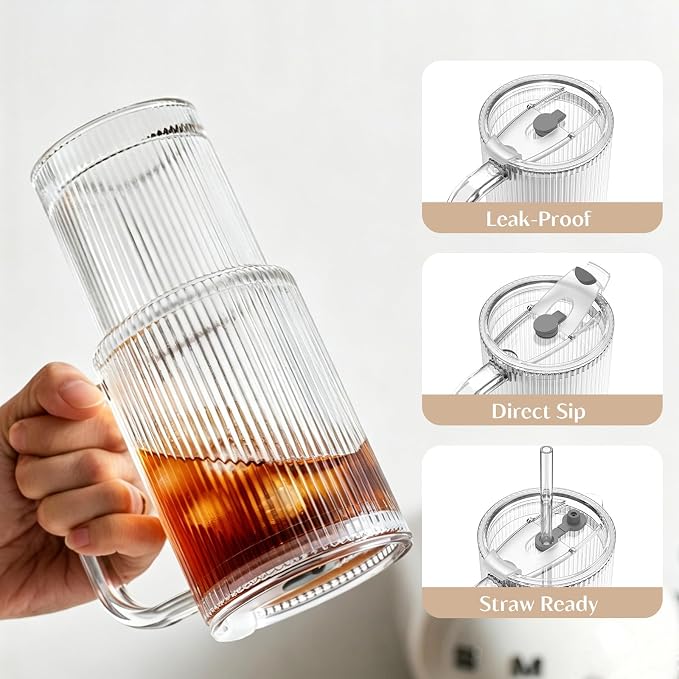 INSETLAN 24 oz Ribbed Glass Tumbler - Image 4