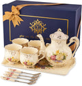 YOLIFE Porcelain Tea Set, Ivory Vintage Flowering Shrubs Teaset | 4 Teacups by YOLIFE