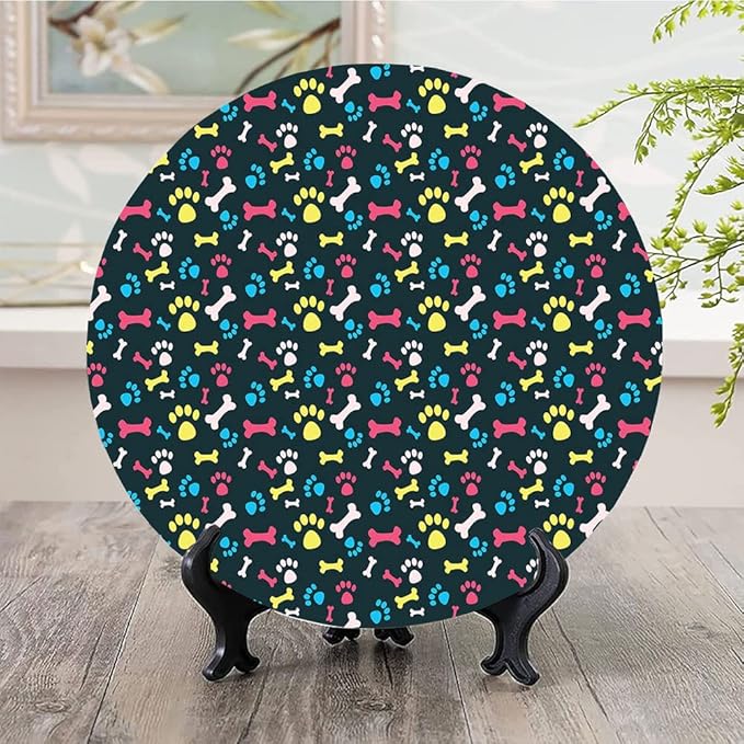 Decorative Plates, Dog Lover Print Ornament, Cool Canine Elements Paw Marks and Bones, 10 Inch, 1 Plate with 1 Display Stand, Multicolor