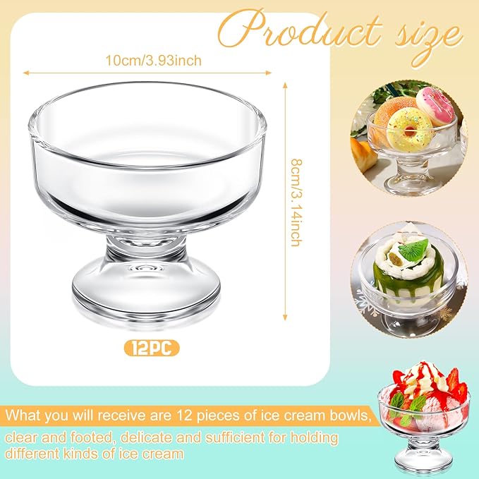 12 Pcs Glass Ice Cream Bowls Set 9 oz Mini Dessert Bowls Small Clear Ice Cream Cups Parfait Sundae Trifle Bowl Footed Glass Dessert Cups Serving Dishes for Nuts Fruit Pudding Snack Cereal Party Favors
