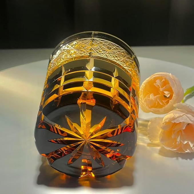 suigetsu Japanese Crystal Whiskey Glass, 10 oz, Amber Black, Engraved Pattern, Old Fashioned Rocks Tumbler with Gift Box (Amber Glow)