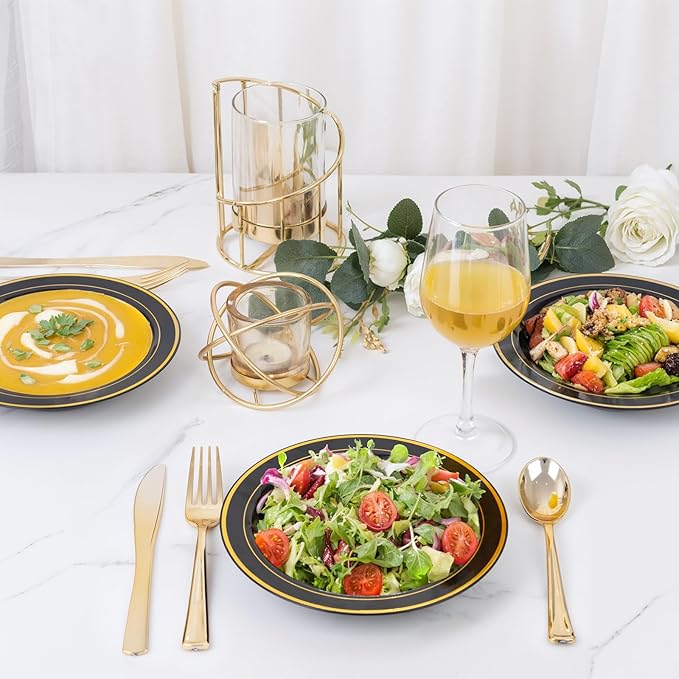 bUCLA 120 Pack Disposable Plastic Bowls 12oz - Black with Gold Trim Plastic Party Bowls for Salad, Soup, Dessert, Picnic, Catering, Ideal for Party & New Year
