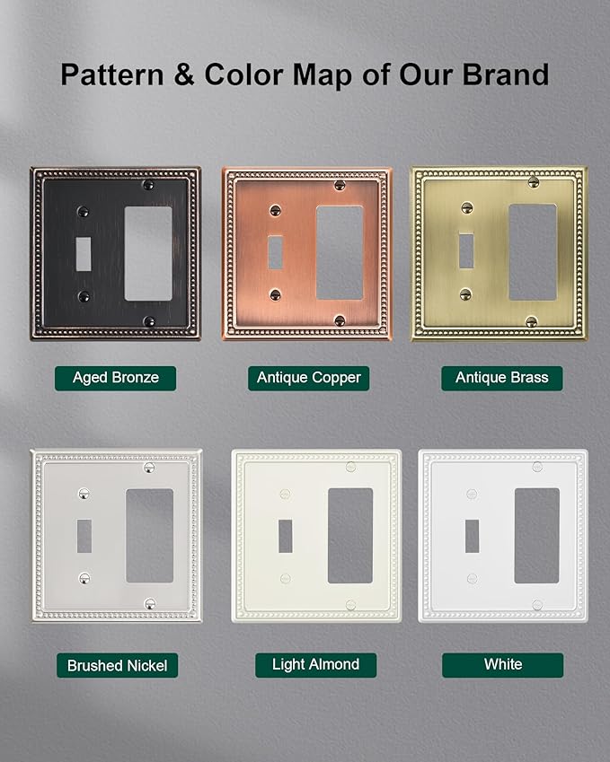 2-Pack Combo Toggle/Decorator Light Switch Cover Plate, Pearls Decorative Electrical Outlet Covers, Metal Wall Switch Plates and Outlet Covers, Light Almond
