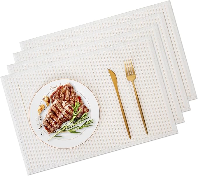 Bamboo Placemats with Fabric Border Set of 4 Natural Bamboo Rectangular Rolling Table Mats for Dining Kitchen Table Heat Resistant Table Protection White