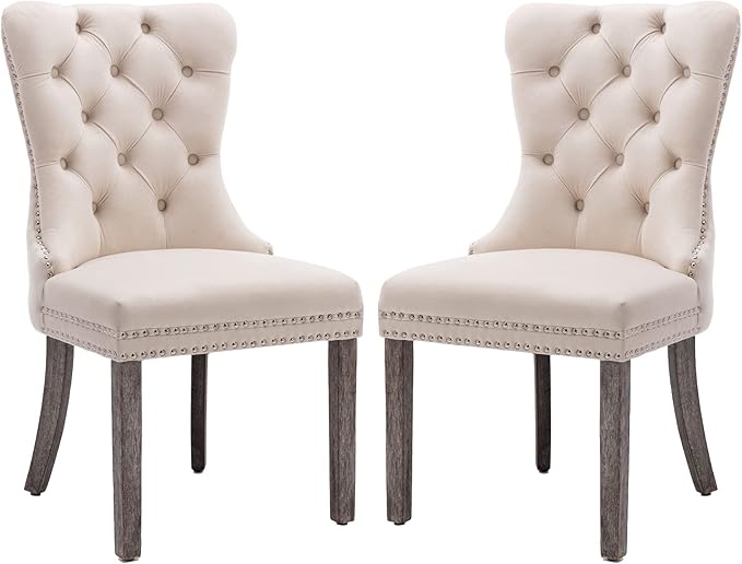 KCC Velvet Dining Chairs Set of 2, Upholstered High-end Tufted Dining Room Chair with Nailhead Back Ring Pull Trim Solid Wood Legs, Nikki Collection Modern Style for Kitchen, Beige
