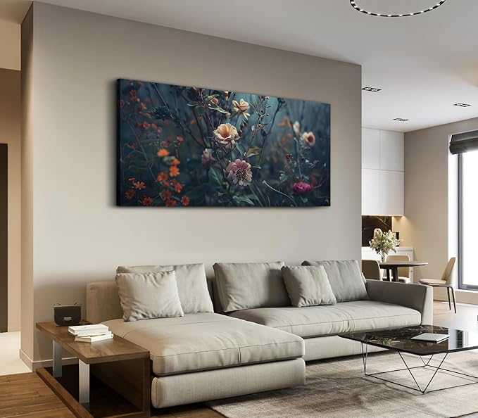 ADJUVANT Wall Art Impressionist Floral 40"L x 20"W, Dark Toned Blossoms With Lush Foliage Canvas Painting Enchanting Flowers Artwork Prints Floral Wall Decor for Living Room Bedroom Study Home Office