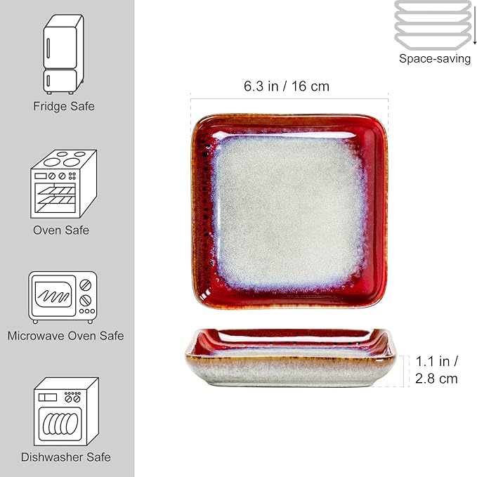 HENXFEN LEAD Small Square Plates 6.3 Inch – Ceramic Dessert, Appetizer & Snack Plates Microwave & Dishwasher Safe – Set of 4, Reactive Glaze Red