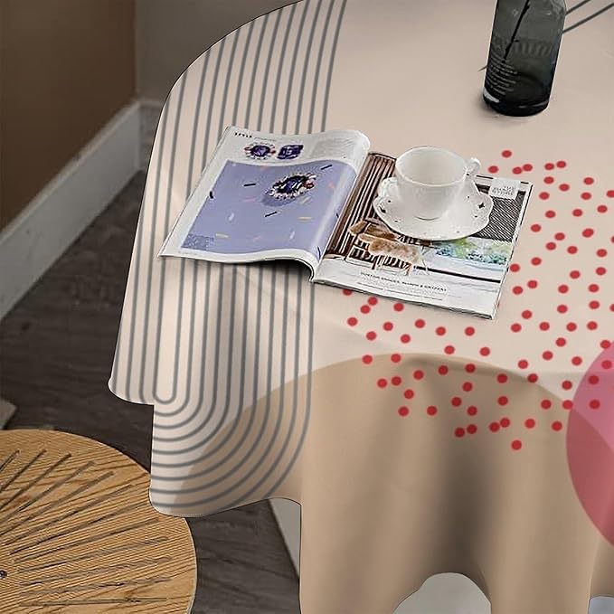 Mid Century Boho Round Tablecloth, Abstract Modern Sun Arch Curve Leaves Geometric Print Tablecloth for Home Party Dining Room Kitchen Decor 60Inch(152cm)