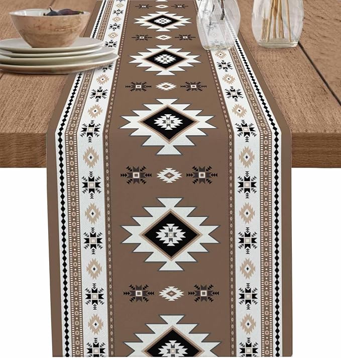 Southwest Aztec Table Runners 108 Inches Long, Cotton Linen Fabric Table Runner by Edwiinsa