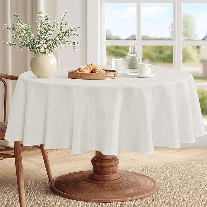 JIUZHEN Faux Linen Round Tablecloths 84 inch, Decorative Wrinkle Free Texture Rustic Circle Table Cloth Cover for Kitchen, Dining, Party, Wedding, Outdoor Use (84 Inch Round,White)