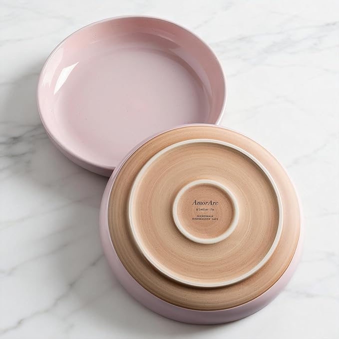 AmorArc 8.75'' Large Ceramic Pasta Bowls, 36oz Handpainted Stoneware Bowls Set of 4, Microwave&Dishwasher Safe Bowls with Rustic Terracotta Underside for Pasta Salad, Cloud Pink