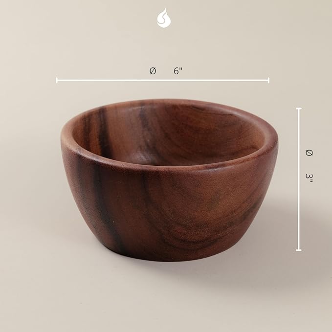 Acacia Wooden Salad Bowls (Set of 2): 6" x 3" Individual Wood Serving Bowls for Fruits, Cereal, Salads or Snacks - Handmade from a Single Organic Piece of Acacia Wood, Food Safe