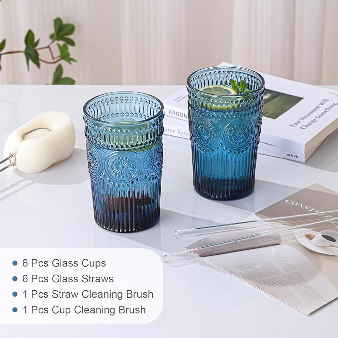 ZMOWIPDL Drinking Glasses Set of 6, 13oz Flower Design Blue Glass Cups | - Image 5