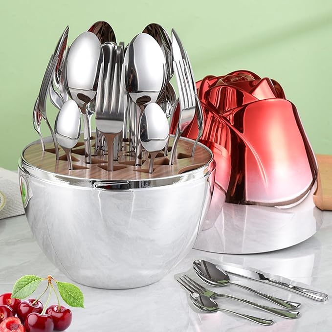 24pcs Stainless Steel Flatware Set, Rose Shape Cutlery Set, Mirror Polished by Unknown