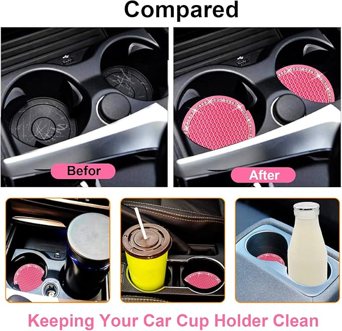 2PCS Bling Car Cup Coaster, 2.75 Inch Auto Cup Holder Insert Coasters Silicone - Image 2