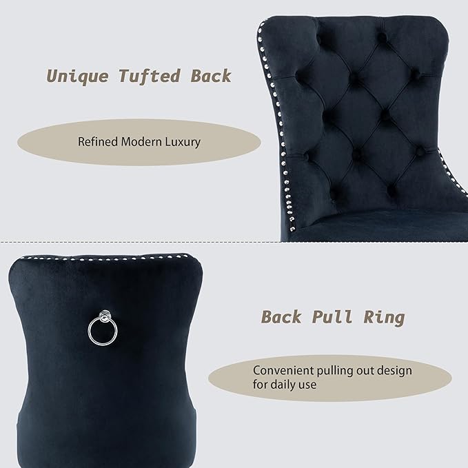 KCC Velvet Dining Chairs Set of 4, Upholstered High-end Tufted Dining Room Chair with Nailhead Back Ring Pull Trim Stainless Steel Legs, Contemporary Nikki Collection Modern Style for Kitchen, Black