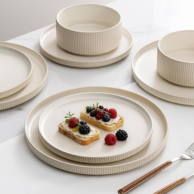 Dinnerware Set Service for 4, 12-Piece Ceramic Plates and Bowls Set, Chip & Scratch Resistant, Microwave and Dishwasher Safe, Modern Minimalist Tableware for Everyday Use, Matte White
