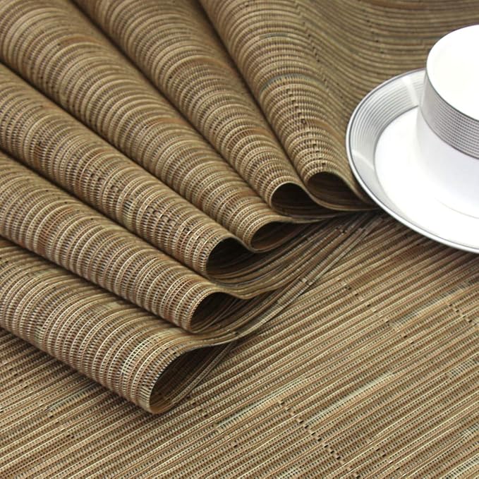 Wedge Shape Placemats for Round Dinner Table Woven Vinyl Wipe Clean Non Slip Plastic Table Mats Set of 4（Khaki）
