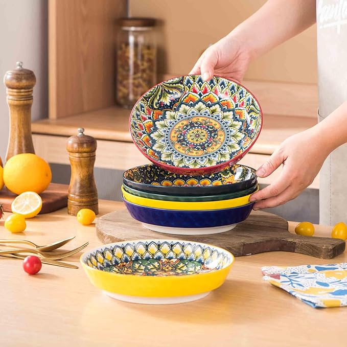 Henten Home 32 oz Porcelain Pasta Bowls Set, Salad Bowl Set of 6, Ceramic Dinner Serving Bowls for Soup, Cereal, Fruit, Bohemia Style, Microwave & Dishwasher Safe