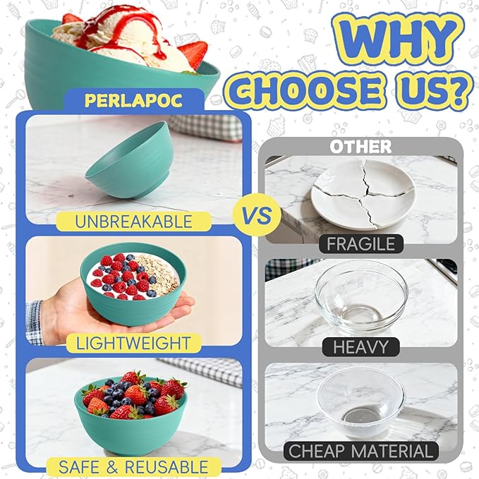 Wheat Straw Bowls 10 OZ, Unbreakable Ice Cream Bowls Set of 6, Reusable Mini Bowls for Salad, Cereal, Soup, Microwave & Dishwasher Safe Fruit Bowl for Indoor & Outdoor, Green