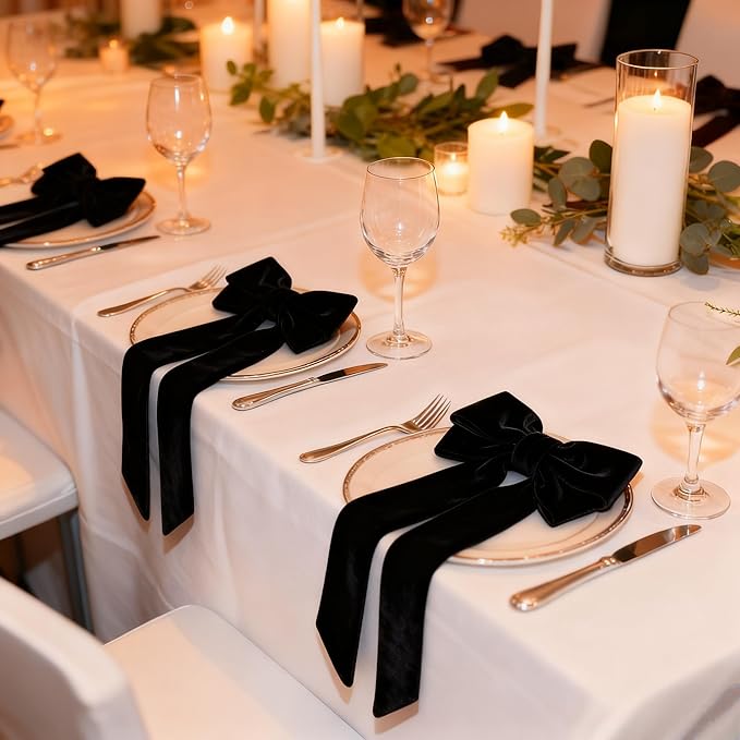Bow Napkin Rings Set of 12 Luxury Soft Black Velvet Napkin Holders, Elegant Bow Design for Christmas Holiday Dinner Wedding Party Table Decor
