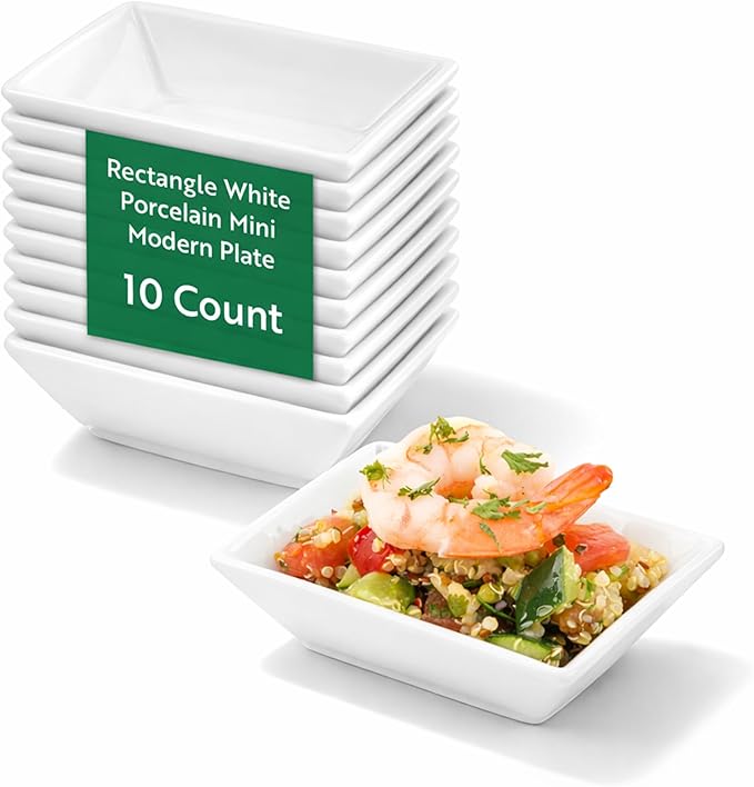 Restaurantware Mini Porcelain Plates Pack of 10 Rectangle 4 x 2.75 Inches Chip-Resistant Appetizer Plates, White Microwave, Oven, Freezer, Dishwasher Friendly Porcelain Tasting Plates For Events