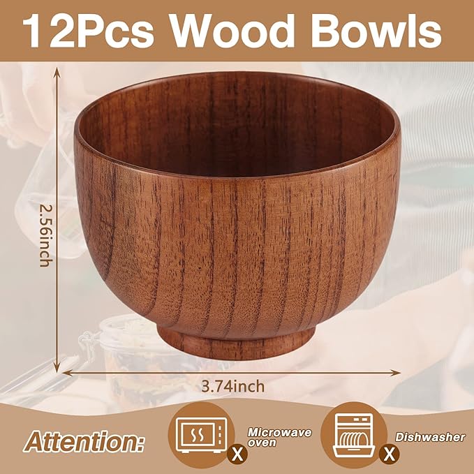 Tioncy 12 Pcs Acacia Wood Small Bowls 3.74 x 2.56 Inch Wooden Bowls Japanese Cups for Food Dipping Sauce Soup Salad Rice Serving Decorations Charcuterie Boards