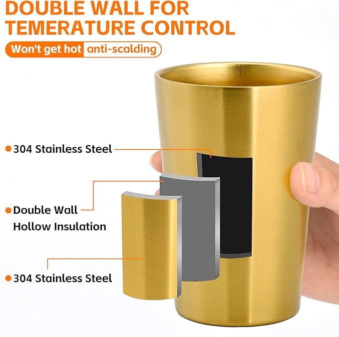 10 Pack 12 oz Stainless Steel Insulated Cup, Double Wall Vacuum Small Metal Cup, Reusable Camping Cups Unbreakable Indoor Outdoor for Party, Home, Office, BBQ, Gold