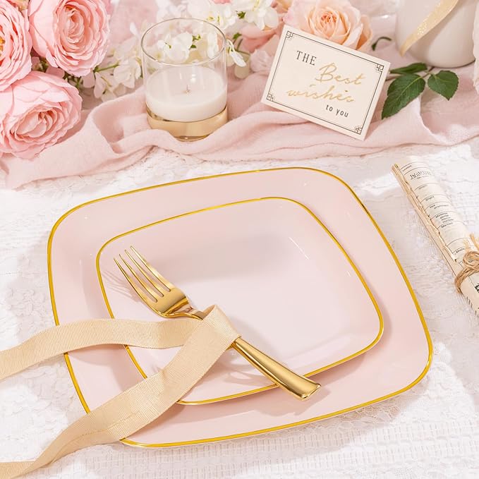 bUCLA 50PCS Pink and Gold Plastic Plates - Heavy Duty Square Pink Disposable - Include 25 Dinner & 25 Dessert Plates for Party & Valentines Day