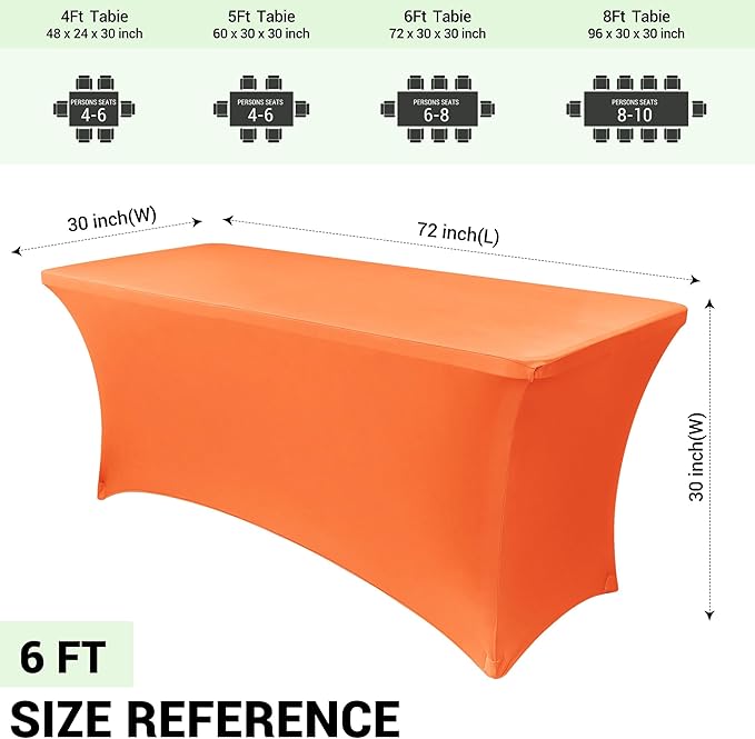 Obstal 6 Pack Stretch Spandex Table Covers for 6 Foot Tables - 6 FT Universal Rectangular Fitted Tablecloth Protector for Wedding, Banquet, Party, 72 Length x 30 Width x 30 Height Inches, Orange