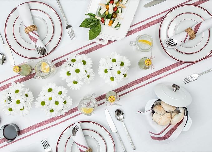 Solino Home 100% Linen Table Runner, 14 x 60 in, Burgundy and White Striped | - Image 4