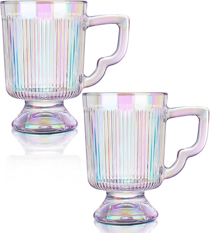 Joeyan Iridescent Glass Coffee Mugs, Vintage Ribbed Coffee Cups by JoeyanHousehold
