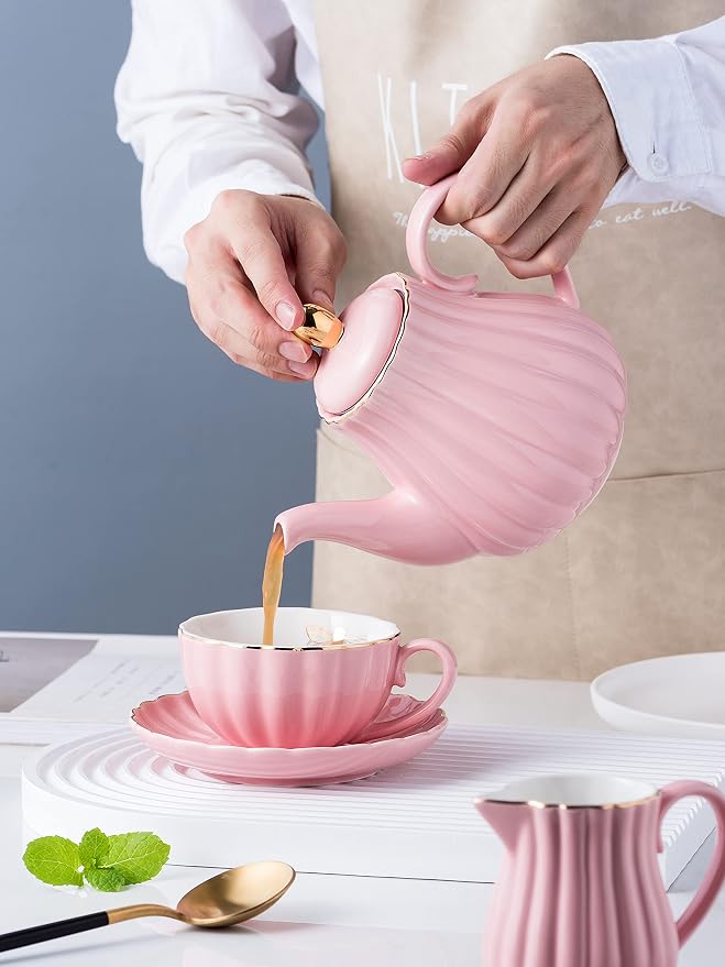 Jusalpha Fine China Pink Coffee Cup/Teacup Set, 7 OZ Cups& Saucer Service - Image 5