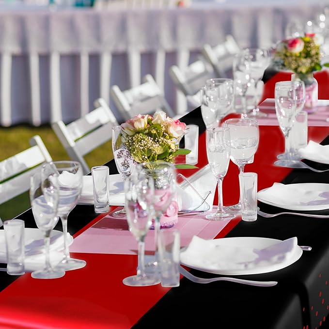 Breling 16 Pack Black and Red Disposable Plastic Tablecloths and Satin Table Runner Set, 54 x 108 Inch Tablecloth, 12 x 108 Inch Table Runners for Wedding Graduation Birthday Baby Shower