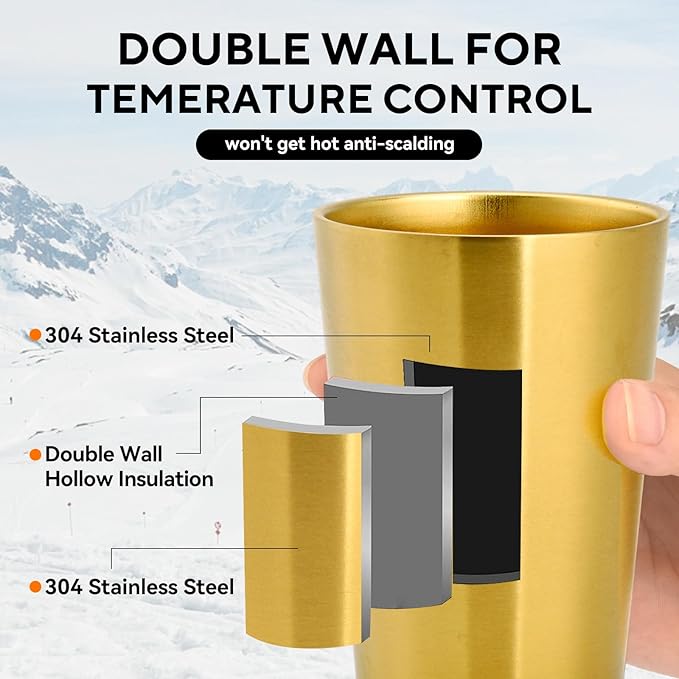 5 Pcs 18.6 oz Small Metal Cup, Double Wall Vacuum Stainless Steel Insulated Cup, Reusable Camping Cups Unbreakable Indoor Outdoor for Party, Home, Office, BBQ, Gold