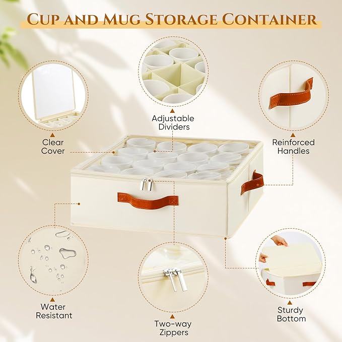 2 Pack Coffee Mug Storage Box with Dividers, Stackable China Storage Containers with Lid, Zipper, and Handles for 32 Coffee Mugs and Cups, Mug Storage Organizer for Packing & Moving, Beige