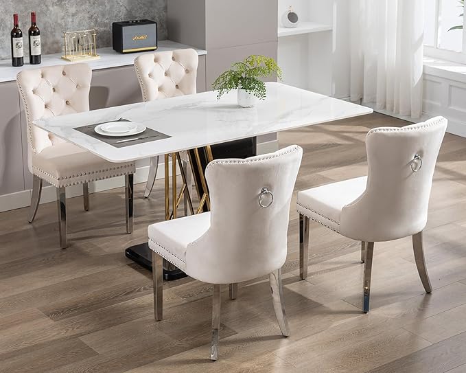 KCC Velvet Dining Chairs Set of 4, Upholstered High-end Tufted Dining Room Chair with Nailhead Back Ring Pull Trim Stainless Steel Legs, Contemporary Nikki Collection Modern Style for Kitchen, Beige