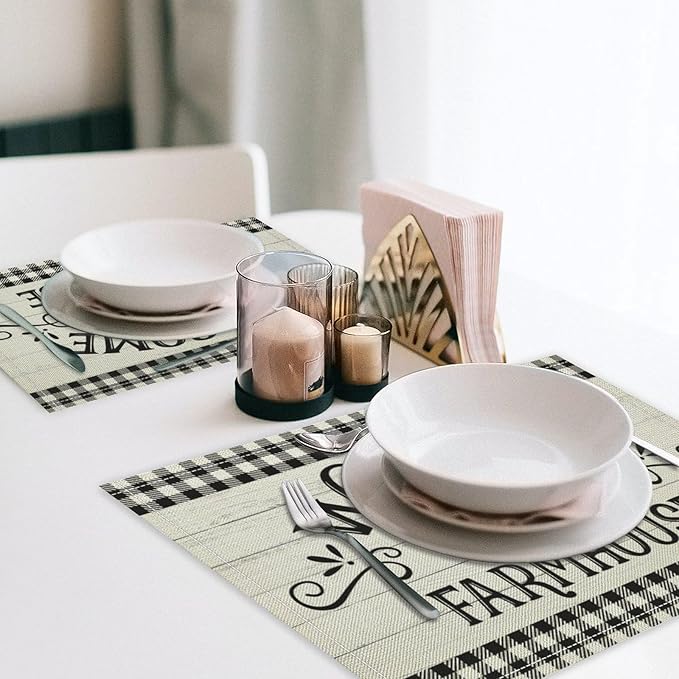 Vintage Farmhouse Placemat Set, Rustic Minimal Black White Check Inspirational Quotes Sketch Sunflower Pattern Home Decoration Linen Table Mats for Dining Room Kitchen Party (17x12in) x6P