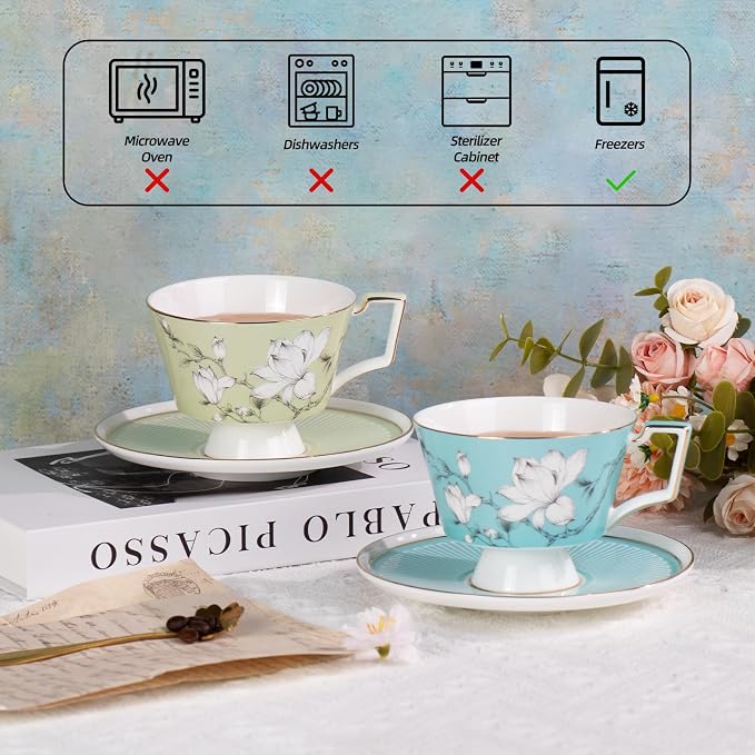 KAMMAK Ceramic Coffee Cups Saucers Set of 2, Porcelain Espresso Cups - Image 6