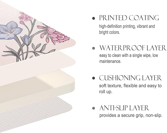 ISAENNE French Cottage Floral Rectangle PVC Placemats Set of 6, Waterproof and Heat-Resistant Place Mats.Decoration for Kitchen, Dinning, Parties, Holiday,12"*17"