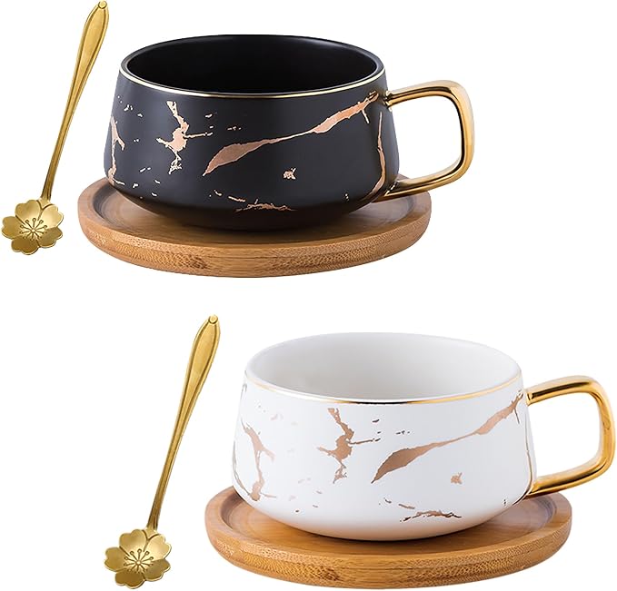 Jusalpha 2 Pack Golden Hand Print Black and White Teacup Coffee Cup by Jusalpha
